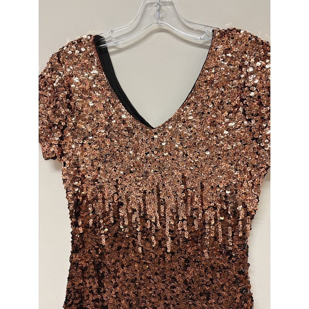 Ombre Sequin Bodycon Dress V-Neck Cap Sleeve Copper Bronze Black Cocktail Midi - Picture 2 of 10